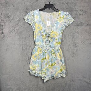 Y2K Cottagecore Floral Cotton Mini Romper Small Tie Front Ruffle Hem Picnic